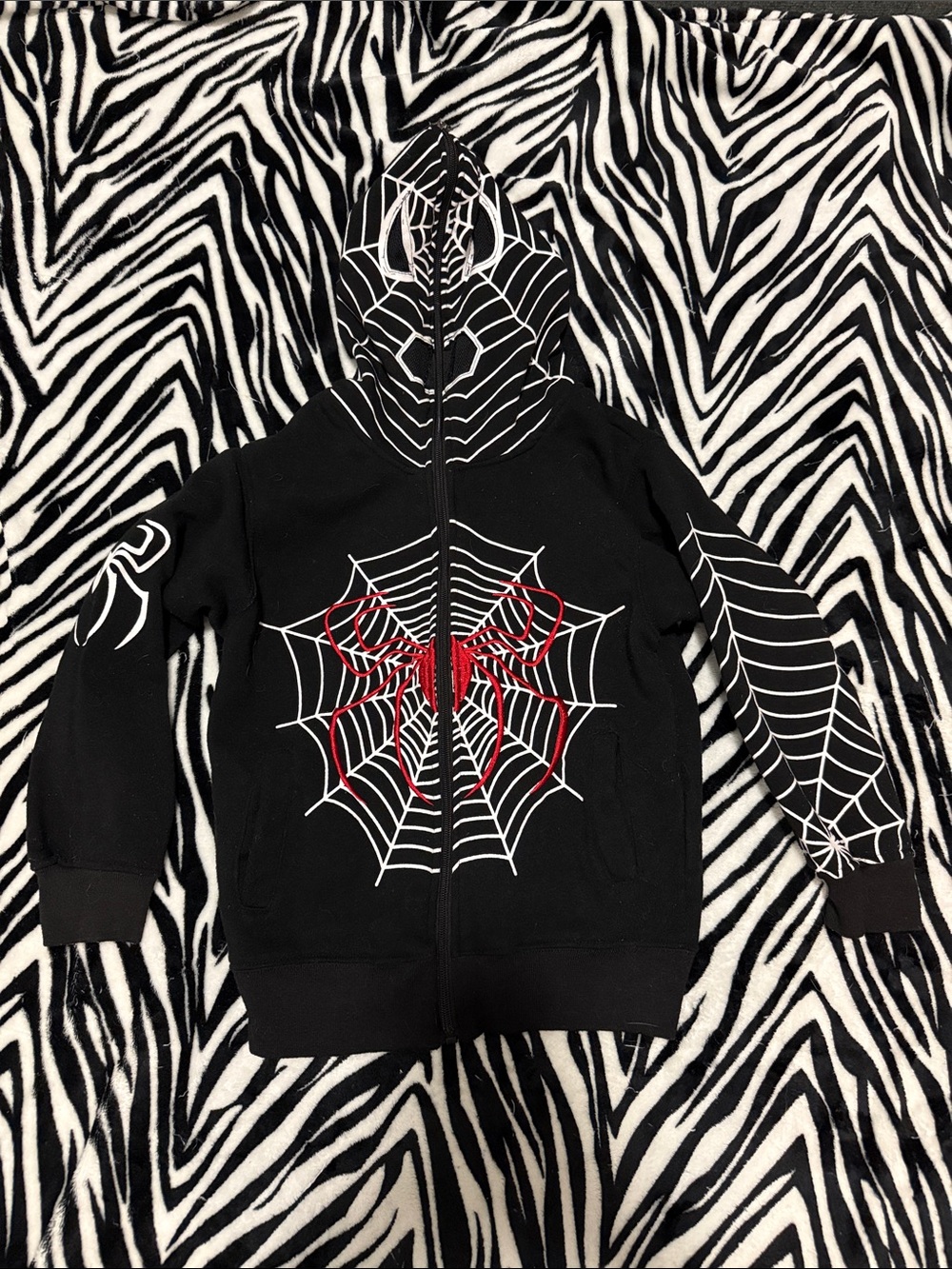 Kids Black Spider Web Zip Hoodie with Red Spider Graphic